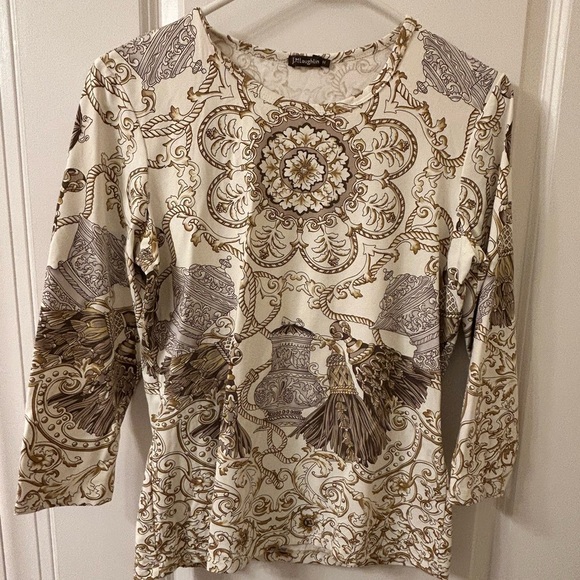 J. McLaughlin Cream and Brown Patterned Blouse - Picture 1 of 7